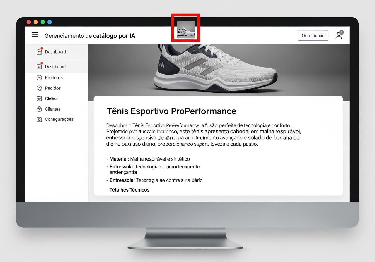 Imagem de um tênis com descrição e detalhes gerados por IA