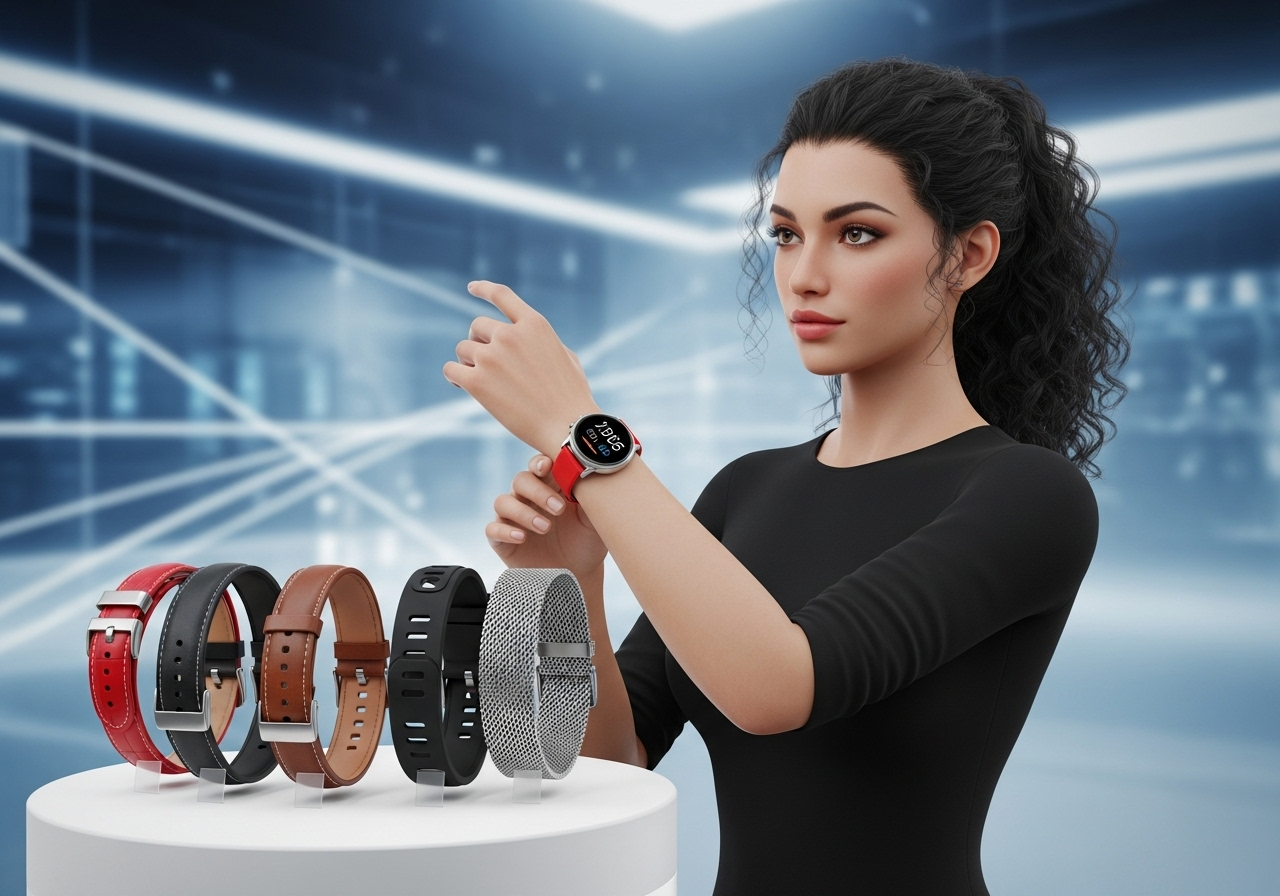 Modelo virtual provando um relógio com diferentes pulseiras
