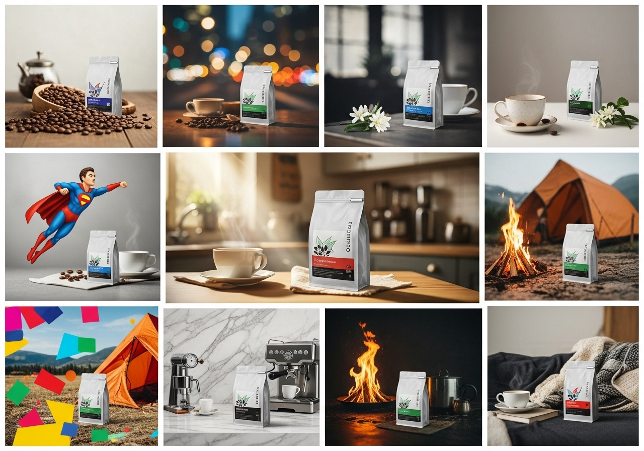Várias versões de um anúncio de café personalizadas para diferentes locais